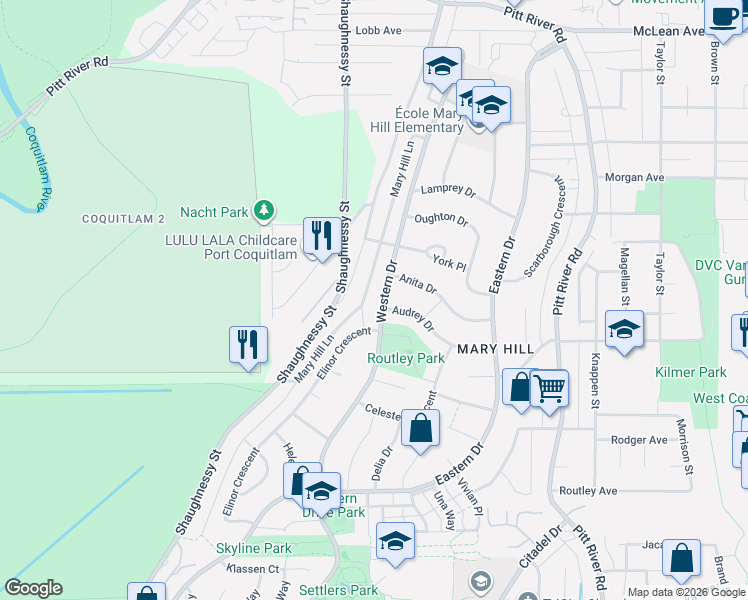 map of restaurants, bars, coffee shops, grocery stores, and more near 1617 Western Drive in Port Coquitlam