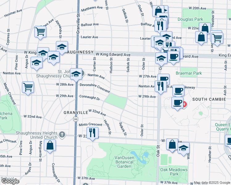 map of restaurants, bars, coffee shops, grocery stores, and more near 1255 Devonshire Crescent in Vancouver