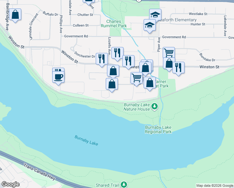map of restaurants, bars, coffee shops, grocery stores, and more near 4268 Lozells Avenue in Burnaby