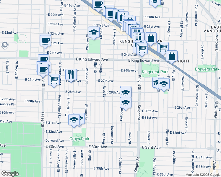 map of restaurants, bars, coffee shops, grocery stores, and more near 4377 Inverness Street in Vancouver