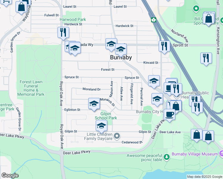 map of restaurants, bars, coffee shops, grocery stores, and more near 4325 Mahon Avenue in Burnaby