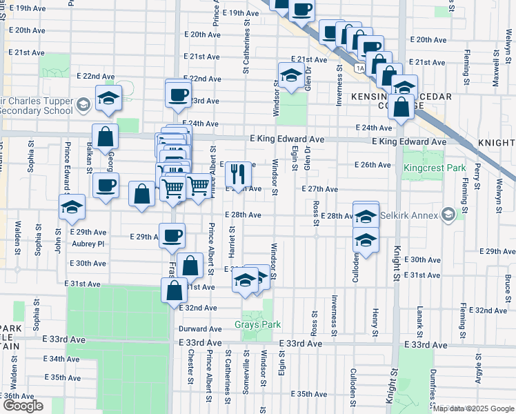 map of restaurants, bars, coffee shops, grocery stores, and more near in Vancouver
