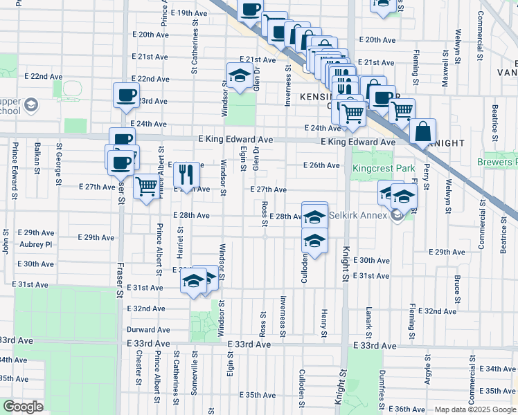 map of restaurants, bars, coffee shops, grocery stores, and more near 4379 Ross Street in Vancouver
