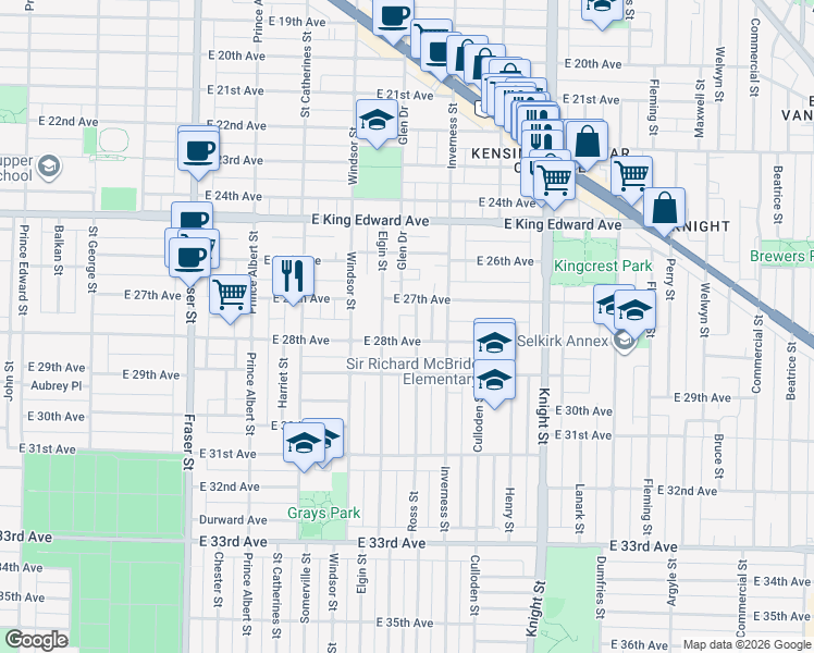 map of restaurants, bars, coffee shops, grocery stores, and more near 4379 Ross Street in Vancouver