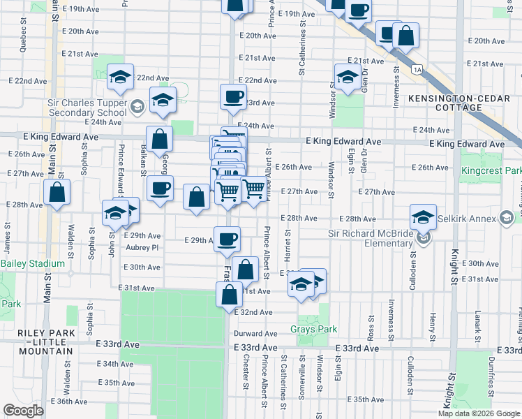 map of restaurants, bars, coffee shops, grocery stores, and more near 4375 Prince Albert Street in Vancouver
