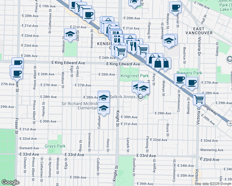 map of restaurants, bars, coffee shops, grocery stores, and more near 4359 Knight Street in Vancouver