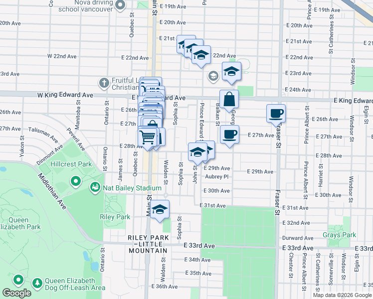 map of restaurants, bars, coffee shops, grocery stores, and more near 347 East 28th Avenue in Vancouver