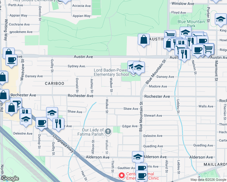 map of restaurants, bars, coffee shops, grocery stores, and more near 405 Walker Street in Coquitlam