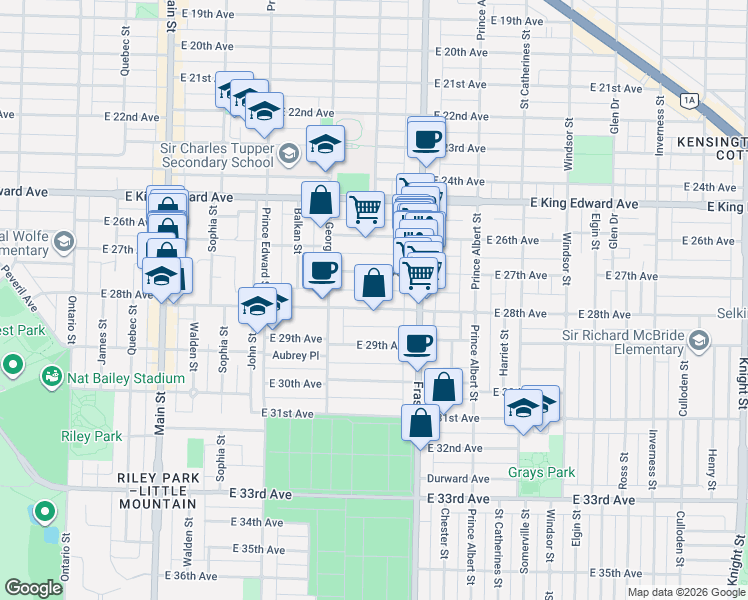 map of restaurants, bars, coffee shops, grocery stores, and more near 591 East 28th Avenue in Vancouver
