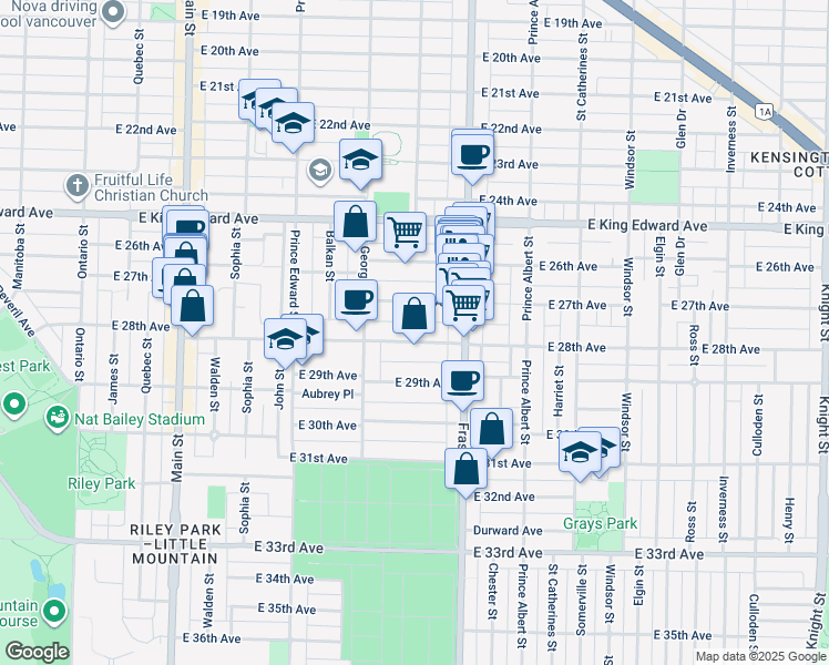 map of restaurants, bars, coffee shops, grocery stores, and more near 591 East 28th Avenue in Vancouver