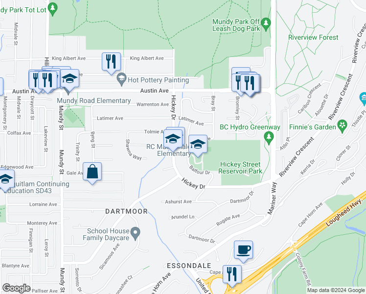 map of restaurants, bars, coffee shops, grocery stores, and more near 418 Balfour Drive in Coquitlam