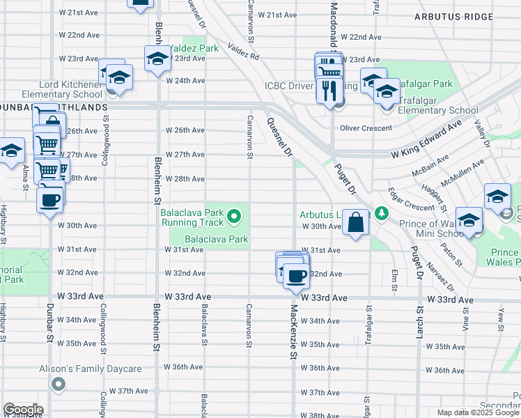 map of restaurants, bars, coffee shops, grocery stores, and more near 2978 West 29th Avenue in Vancouver