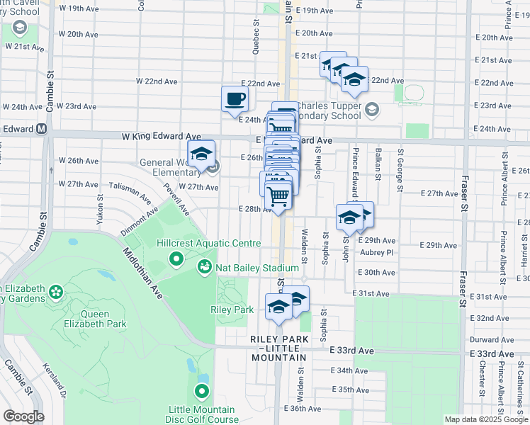 map of restaurants, bars, coffee shops, grocery stores, and more near 166 East 28th Avenue in Vancouver