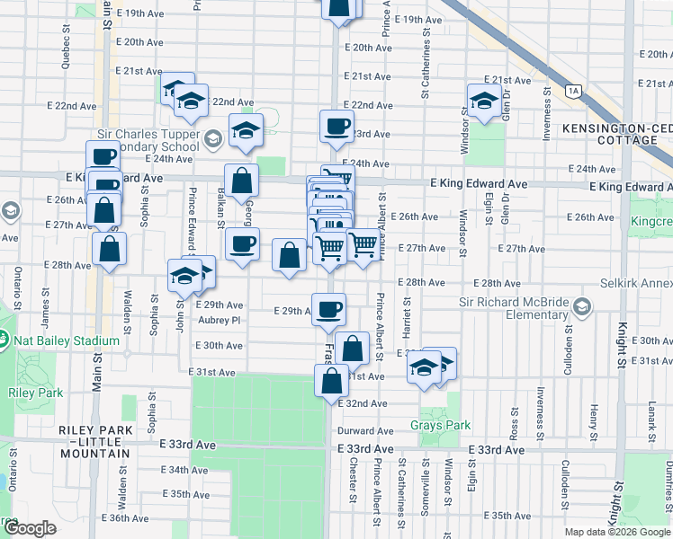 map of restaurants, bars, coffee shops, grocery stores, and more near 4372 Fraser Street in Vancouver