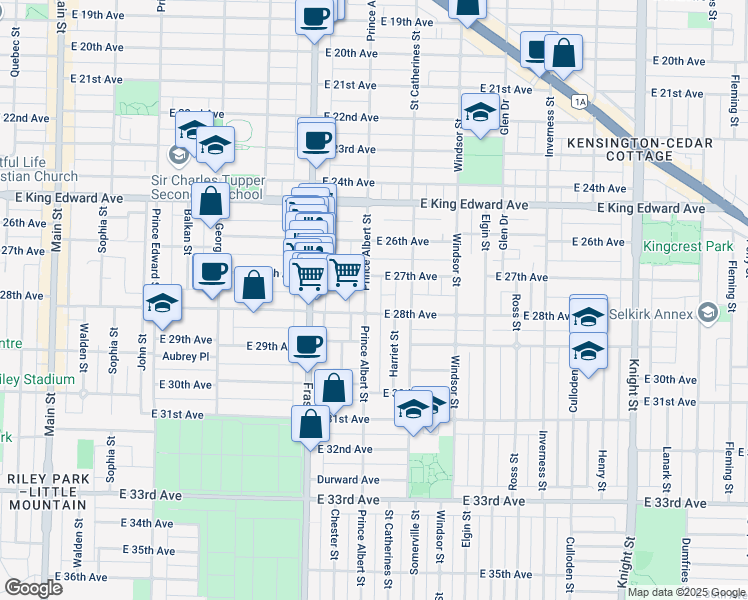 map of restaurants, bars, coffee shops, grocery stores, and more near 4364 Prince Albert Street in Vancouver