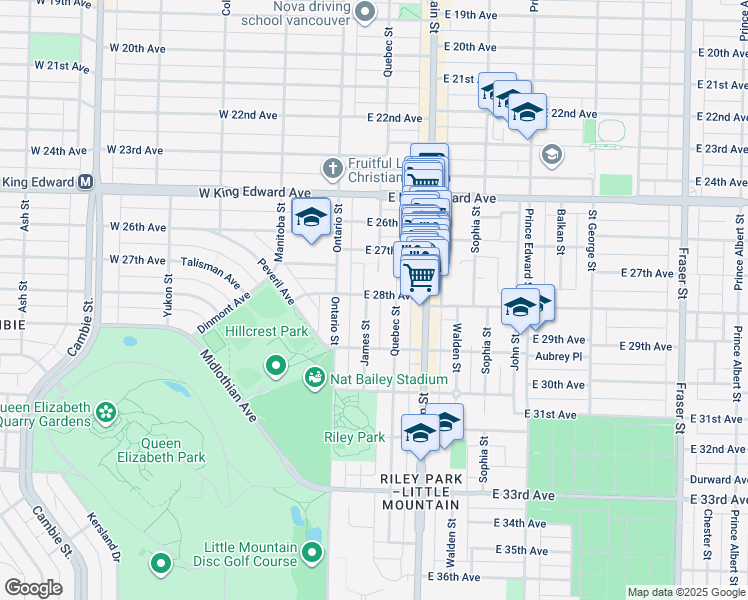 map of restaurants, bars, coffee shops, grocery stores, and more near 150 East 28th Avenue in Vancouver