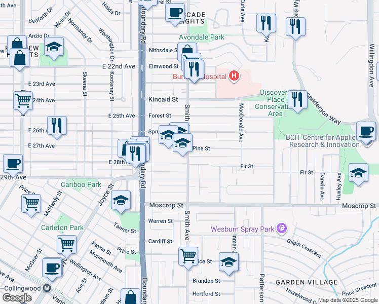 map of restaurants, bars, coffee shops, grocery stores, and more near 3806 Pine Street in Burnaby