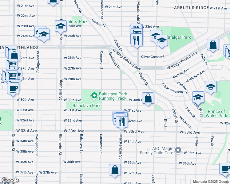 map of restaurants, bars, coffee shops, grocery stores, and more near 2930 West 29th Avenue in Vancouver