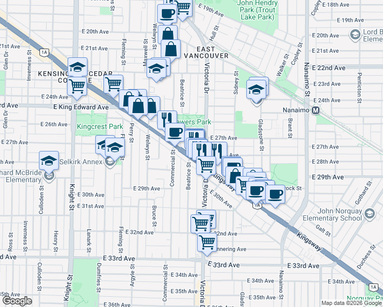 map of restaurants, bars, coffee shops, grocery stores, and more near 1901 Kingsway in Vancouver