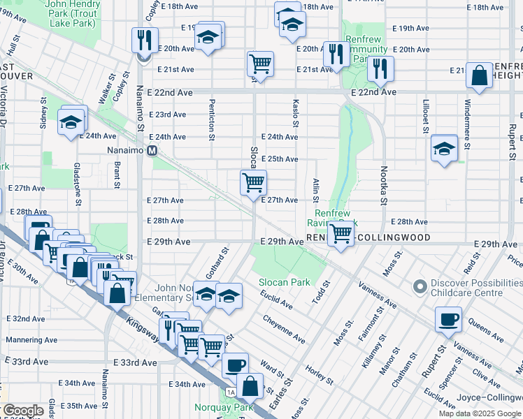 map of restaurants, bars, coffee shops, grocery stores, and more near in Vancouver