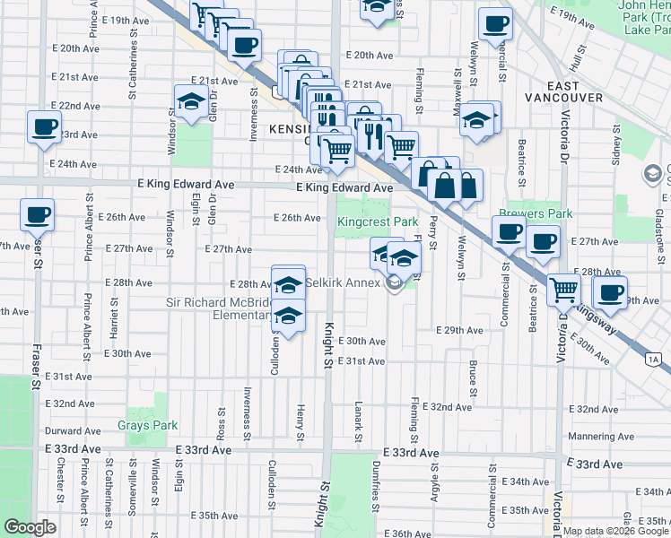 map of restaurants, bars, coffee shops, grocery stores, and more near 4354 Knight Street in Vancouver