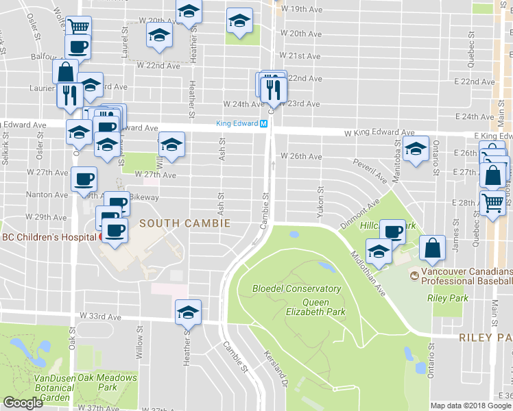 map of restaurants, bars, coffee shops, grocery stores, and more near in Vancouver