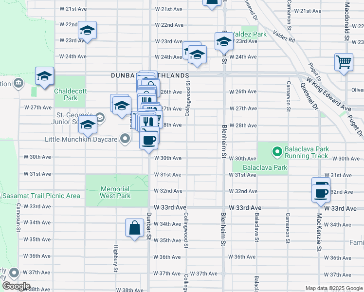 map of restaurants, bars, coffee shops, grocery stores, and more near 3506 West 29th Avenue in Vancouver
