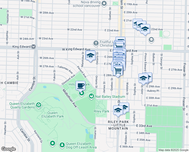 map of restaurants, bars, coffee shops, grocery stores, and more near 4364 Ontario Street in Vancouver