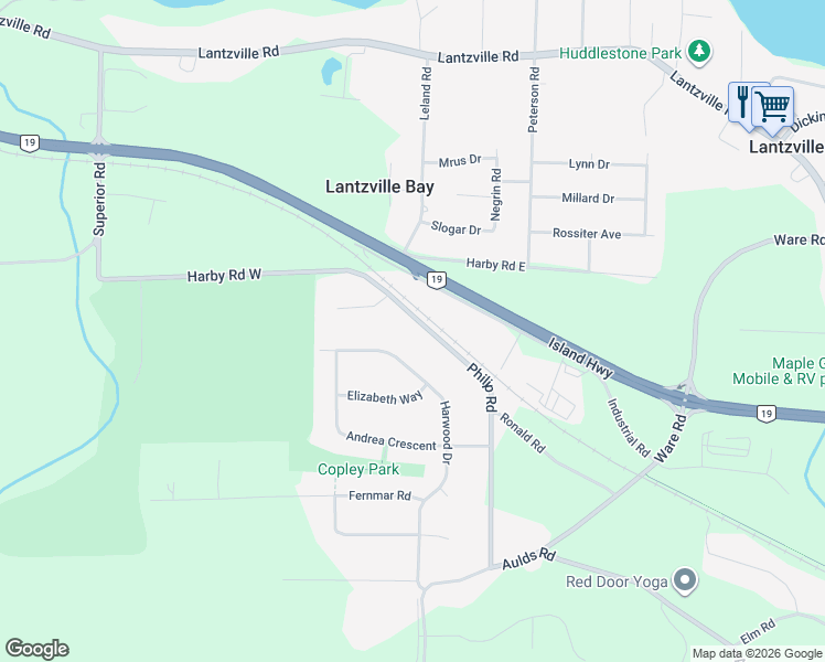 map of restaurants, bars, coffee shops, grocery stores, and more near 7447 Industrial Road in Lantzville