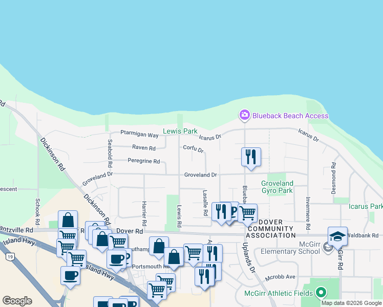 map of restaurants, bars, coffee shops, grocery stores, and more near Zante Place in Nanaimo
