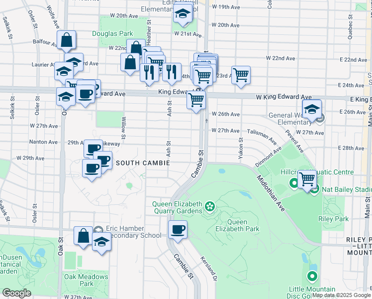 map of restaurants, bars, coffee shops, grocery stores, and more near 530 West 28th Avenue in Vancouver