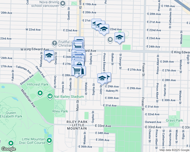 map of restaurants, bars, coffee shops, grocery stores, and more near 333 East 28th Avenue in Vancouver