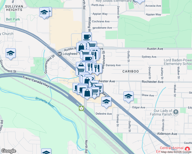 map of restaurants, bars, coffee shops, grocery stores, and more near 511 Rochester Avenue in Coquitlam