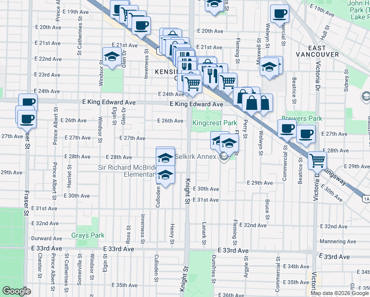 map of restaurants, bars, coffee shops, grocery stores, and more near 4359 Knight Street in Vancouver