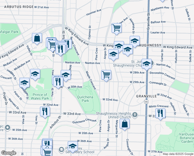 map of restaurants, bars, coffee shops, grocery stores, and more near 4469 Pine Crescent in Vancouver