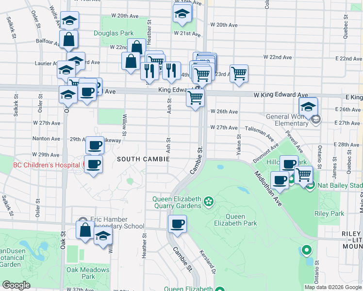 map of restaurants, bars, coffee shops, grocery stores, and more near 550 West 28th Avenue in Vancouver