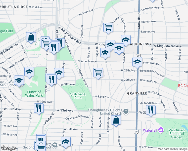 map of restaurants, bars, coffee shops, grocery stores, and more near in Vancouver