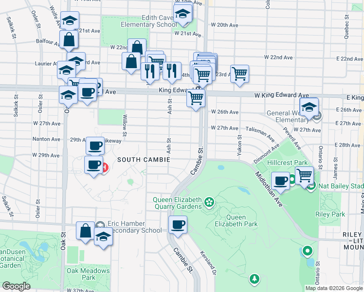 map of restaurants, bars, coffee shops, grocery stores, and more near 550 West 28th Avenue in Vancouver