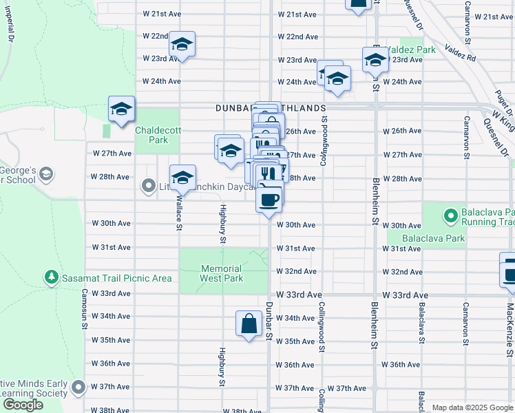 map of restaurants, bars, coffee shops, grocery stores, and more near 3622 West 29th Avenue in Vancouver