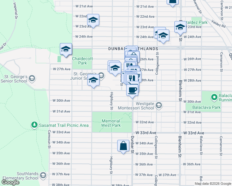map of restaurants, bars, coffee shops, grocery stores, and more near 3760 West 29th Avenue in Vancouver