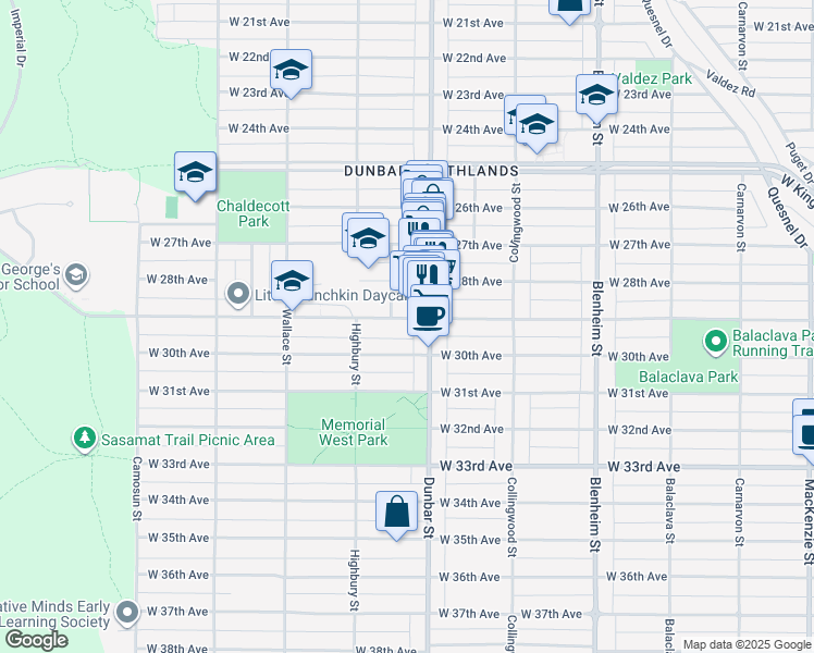 map of restaurants, bars, coffee shops, grocery stores, and more near 3634 West 29th Avenue in Vancouver