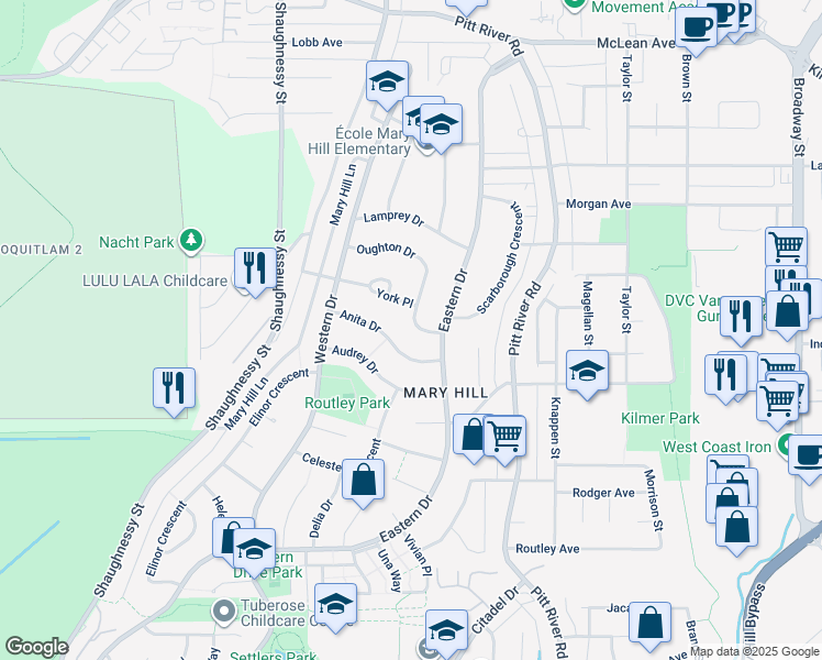 map of restaurants, bars, coffee shops, grocery stores, and more near 1626 Oughton Drive in Port Coquitlam