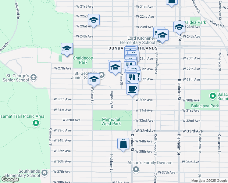 map of restaurants, bars, coffee shops, grocery stores, and more near 3788 West 29th Avenue in Vancouver