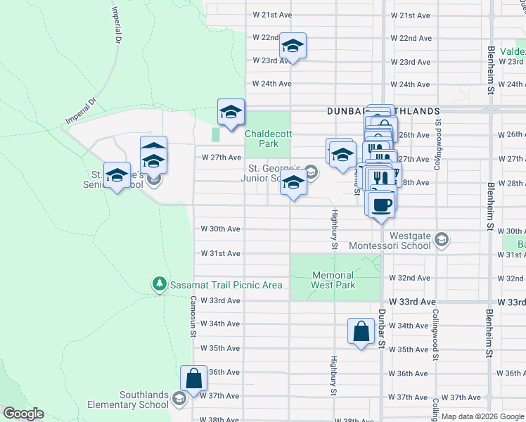 map of restaurants, bars, coffee shops, grocery stores, and more near 3958 West 29th Avenue in Vancouver