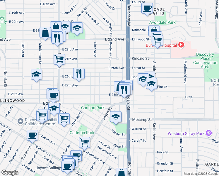 map of restaurants, bars, coffee shops, grocery stores, and more near 3596 East 27th Avenue in Vancouver