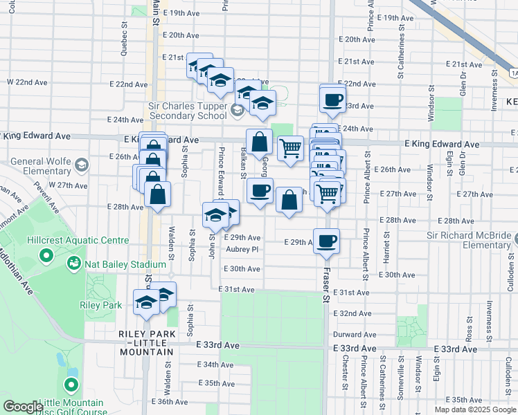 map of restaurants, bars, coffee shops, grocery stores, and more near 4387 Saint George Street in Vancouver