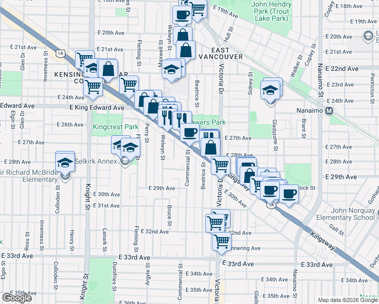 map of restaurants, bars, coffee shops, grocery stores, and more near 4338 Commercial Street in Vancouver