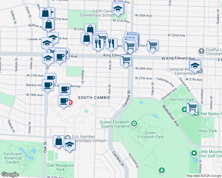 map of restaurants, bars, coffee shops, grocery stores, and more near 4470 Ash Street in Vancouver