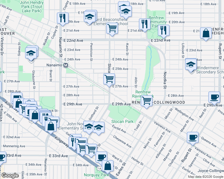 map of restaurants, bars, coffee shops, grocery stores, and more near 4320 Slocan Street in Vancouver