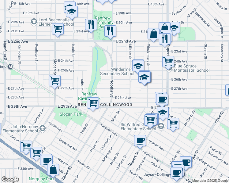 map of restaurants, bars, coffee shops, grocery stores, and more near 3010 East 27th Avenue in Vancouver